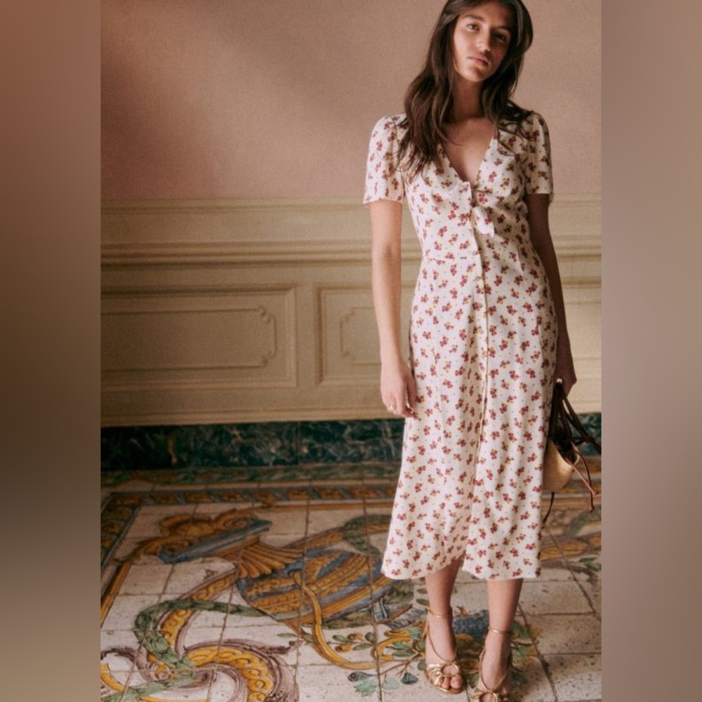 Sezane Cream Midi Dress with Red Floral Print